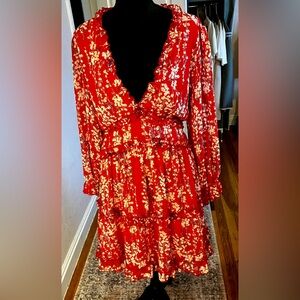 Beautiful floral dress. Size L/XL red w/ pretty blue/white flowers.